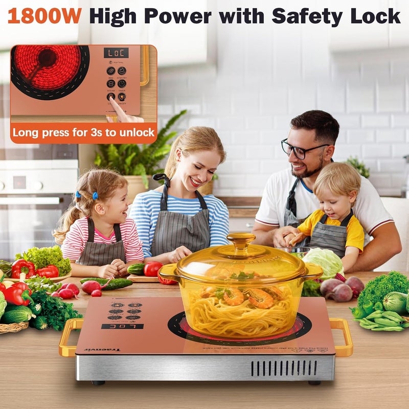Traenvir Single Burner Electric Cooktop, Protable Electric Stove with Handle, 1800W One Burner Ceramic Stove top for Dorm, Home, RV, Child Lock, Timer, Steam, BBQ, Stir Fry,110V - 120V Plug in, Orange - Image 4